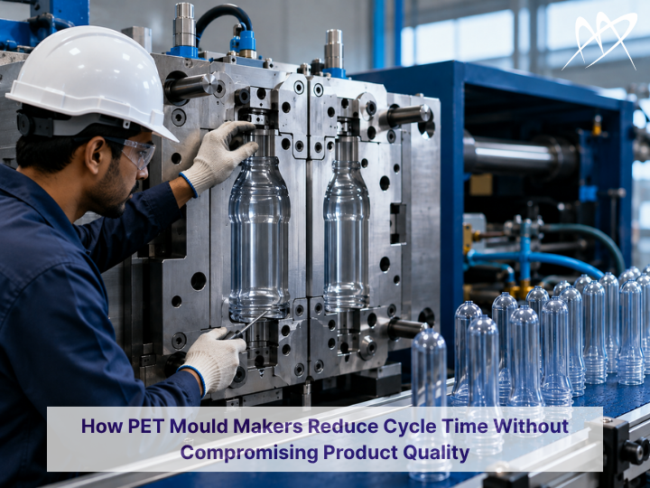 PET mould makers inspecting a multi-cavity PET preform mould with clear plastic bottle preforms in an industrial manufacturing facility.